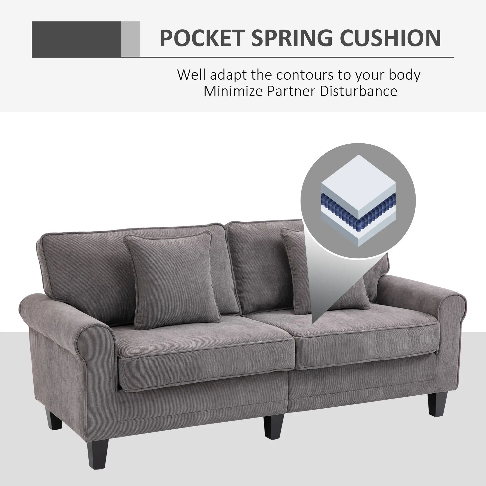 Modern 3 Seater Sofa, Corduroy Fabric, Pine Wood Legs, Light Grey 3-Seater Sofas at Gallery Canada