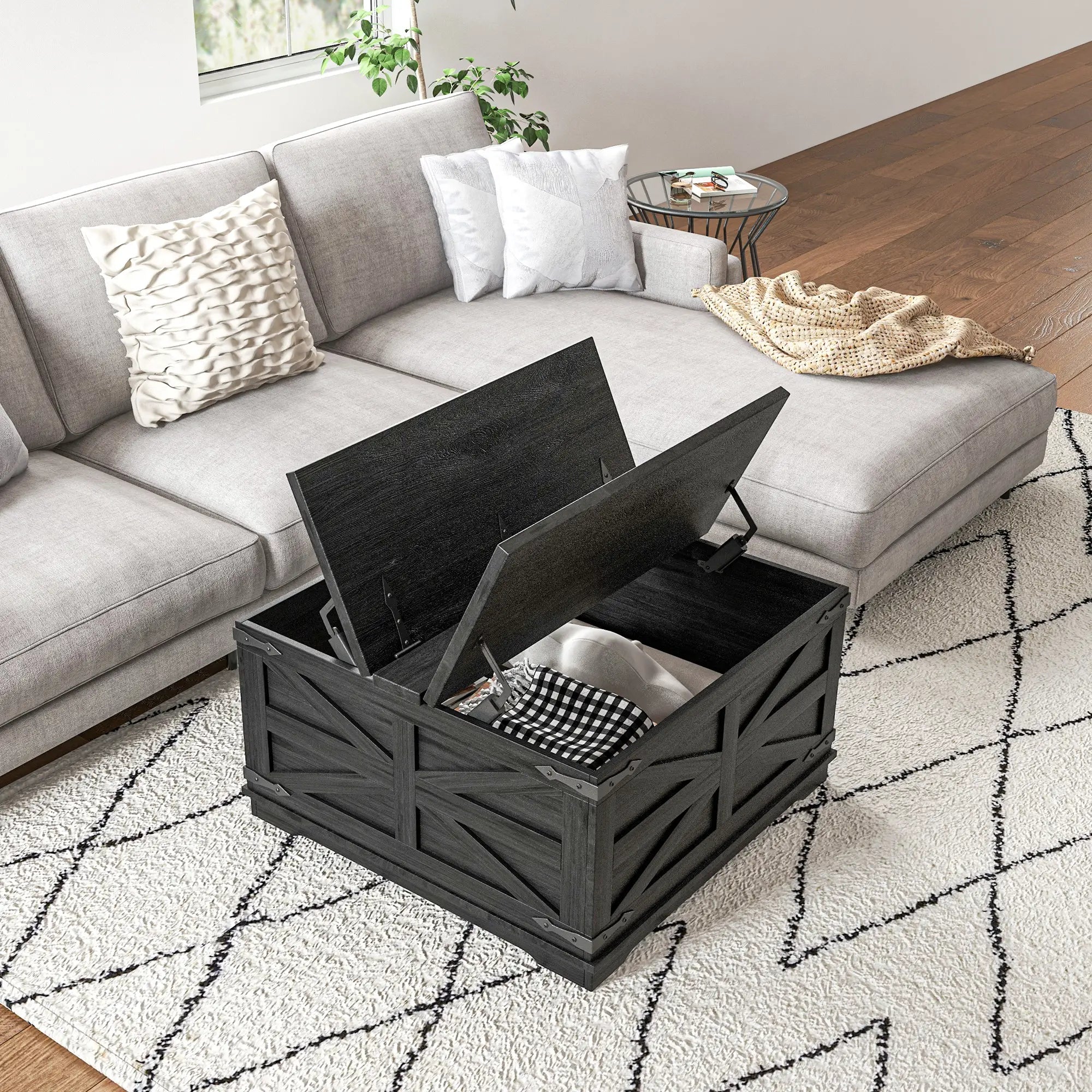 Farmhouse Coffee Table, Square Flip-Top Lid, Hidden Storage, Black Coffee Tables at Gallery Canada