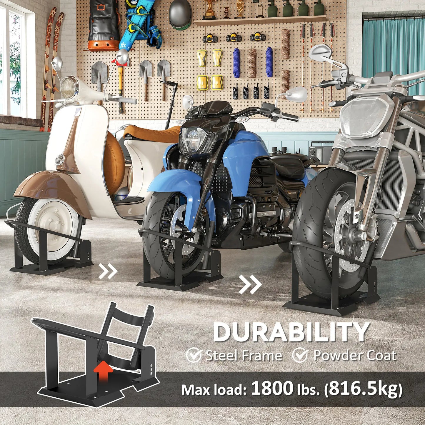 Motorcycle Wheel Chock, 1800 lbs Capacity, Steel, 15"-21" Wheels, Black Bike Parking Stands at Gallery Canada