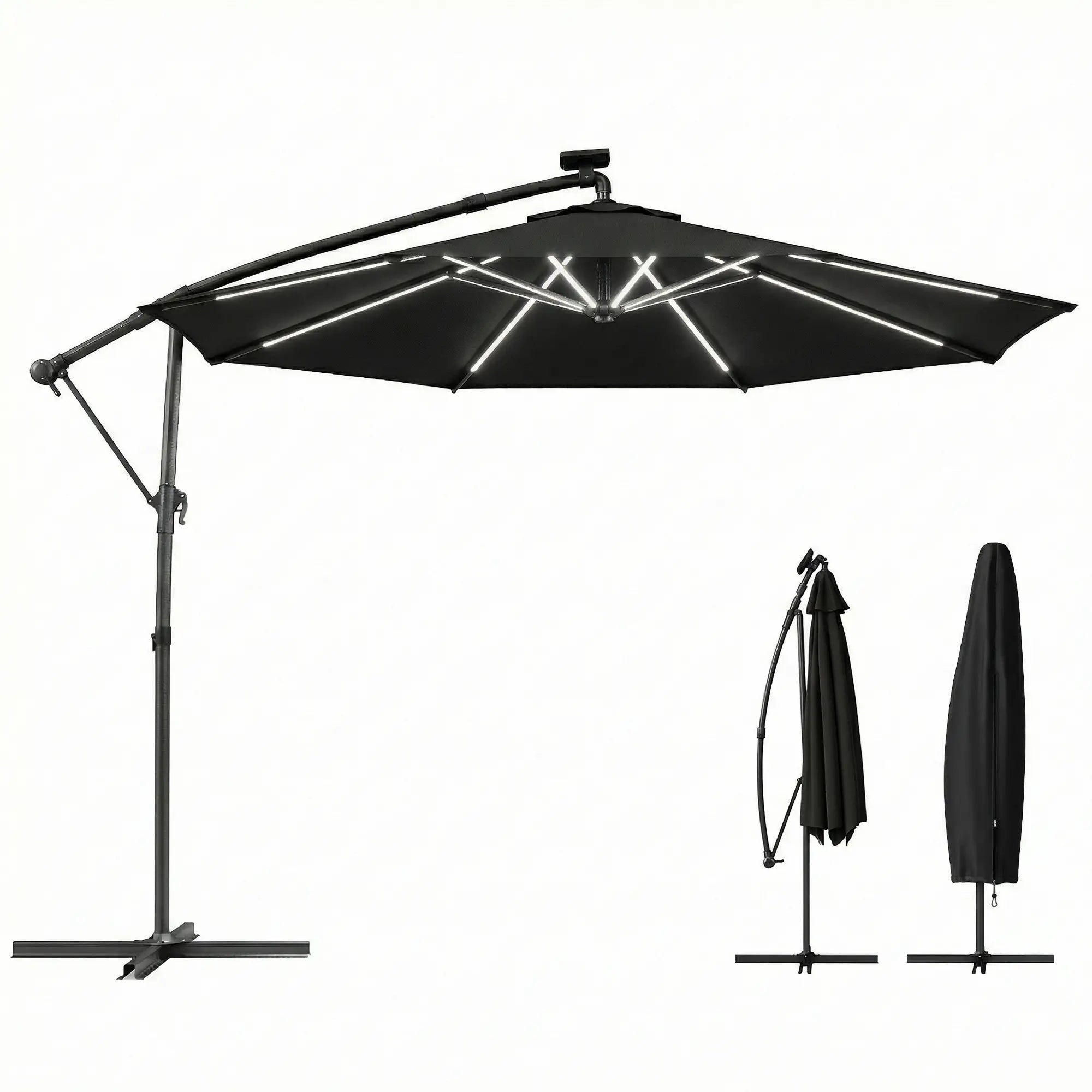 10 ft Offset Patio Umbrella With Solar Light, 360° Rotation, Tilt, Cover, Black Offset Cantilever Umbrellas at Gallery Canada