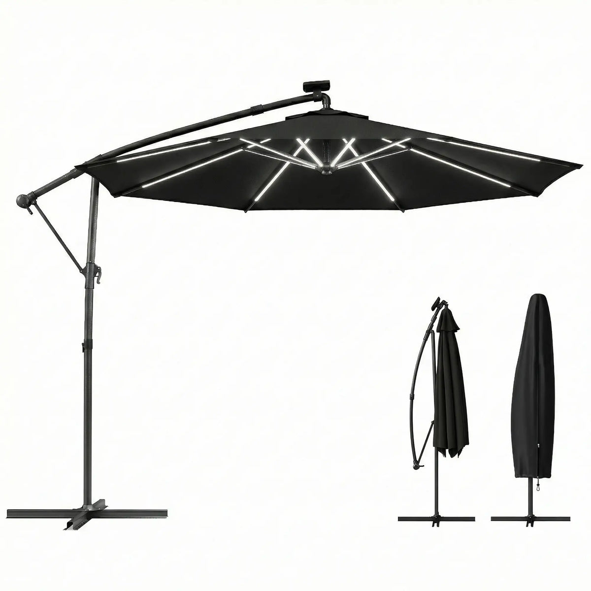10 ft Offset Patio Umbrella With Solar Light, 360° Rotation, Tilt, Cover, Black Offset Cantilever Umbrellas at Gallery Canada