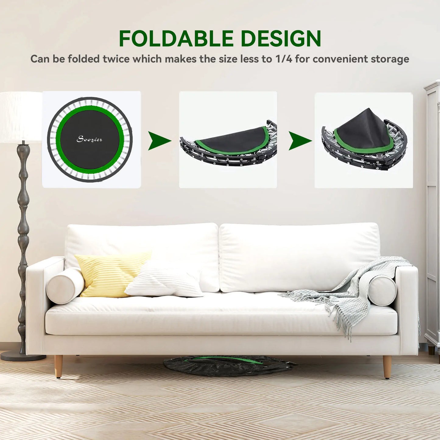 40" Foldable Mini Fitness Trampoline, Adjustable Foam Handle, Green Trampolines at Gallery Canada