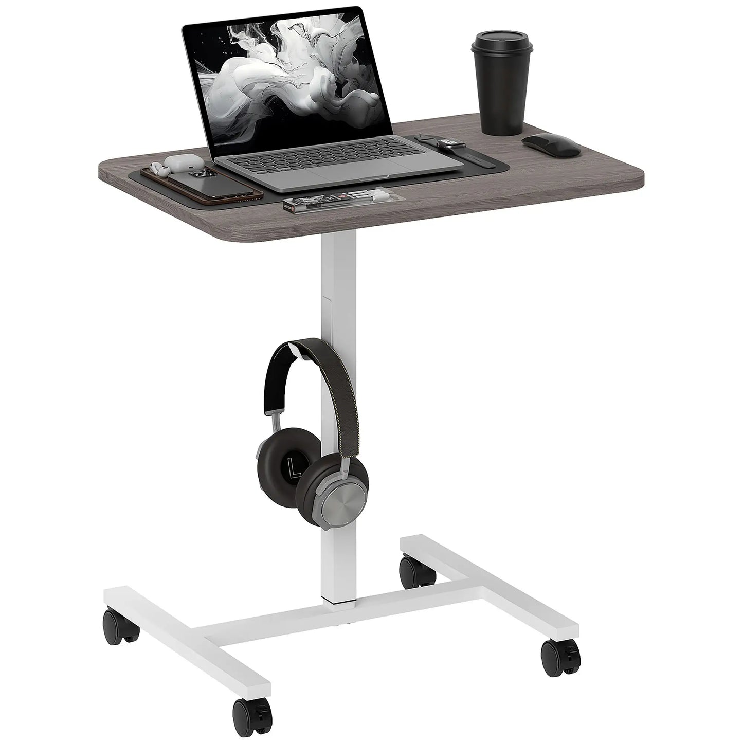 Height Adjustable Standing Desk, Pneumatic Sit Stand Desk with Wheels and Headphone Hook, Grey Office Desks & Work Stations Grey Wood Grain, White at Gallery Canada
