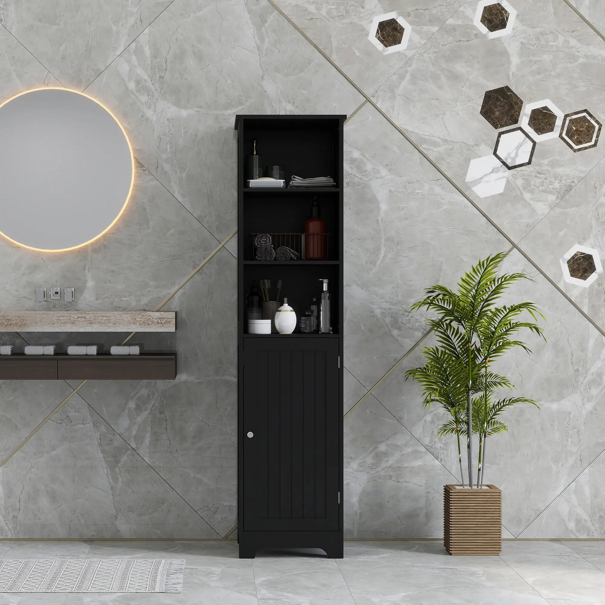 Tall Bathroom Storage Cabinet, Freestanding with Adjustable Shelf, 3 Open Shelves, Black Bathroom Cabinets at Gallery Canada
