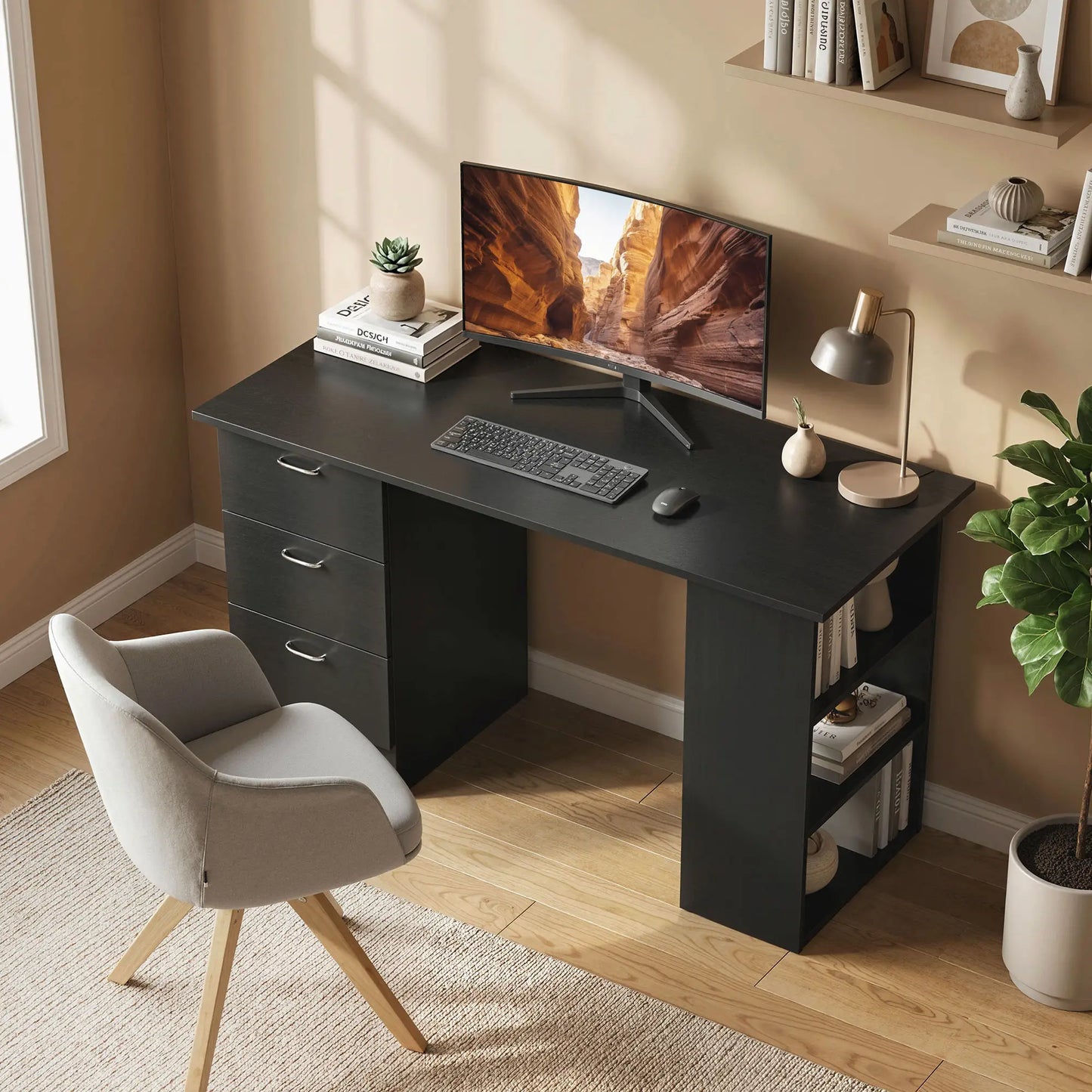 47 Inches Office Desk, 3-Tier Storage Shelves, Black Writing Desks at Gallery Canada