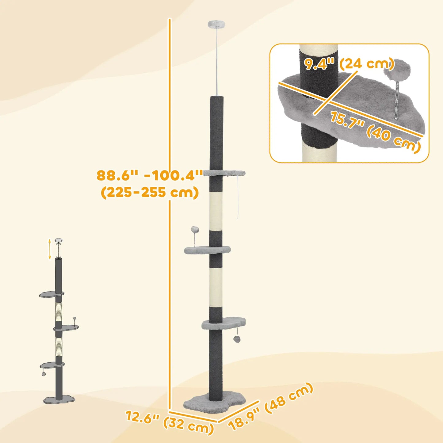 88.5"-100.5" Floor to Ceiling Cat Tree, Scratching Posts, Cloud Platforms, Dangling Balls, Grey Floor to Ceiling Cat Trees at Gallery Canada