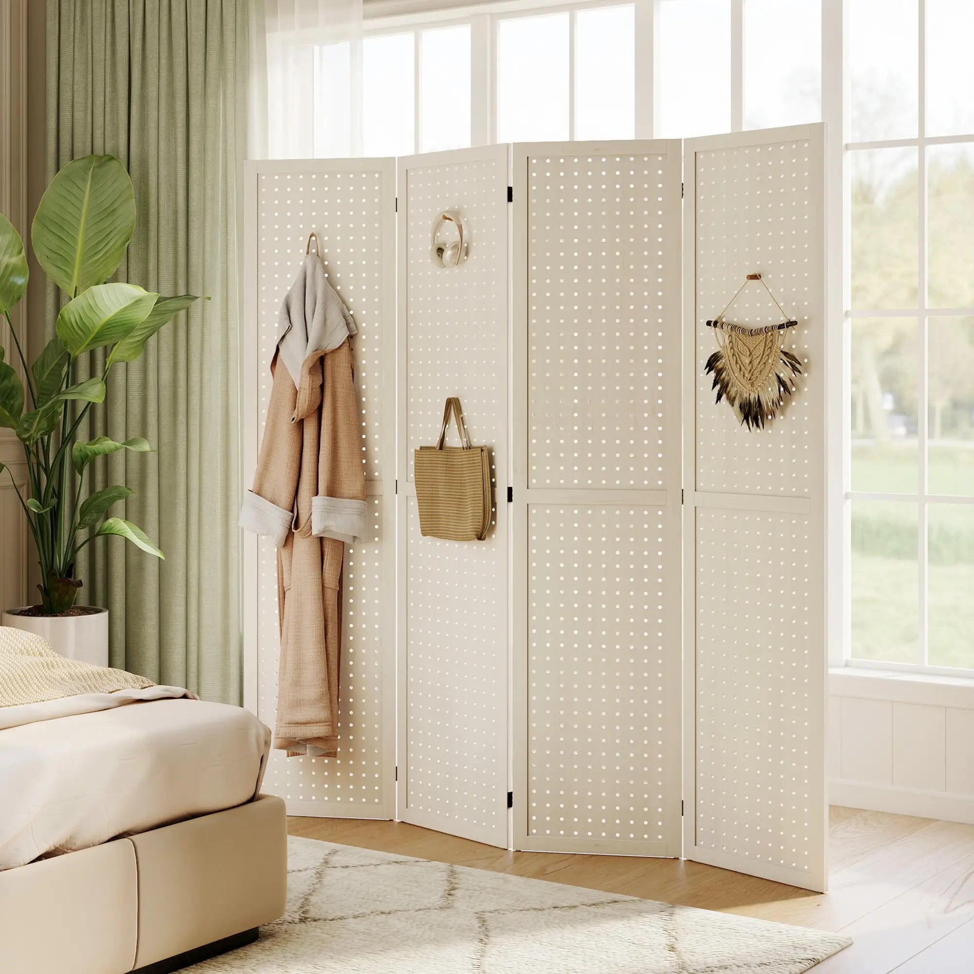 5.6 Ft. Tall 4-Panel Room Divider, Pegboard Privacy Screen, White Room Dividers at Gallery Canada