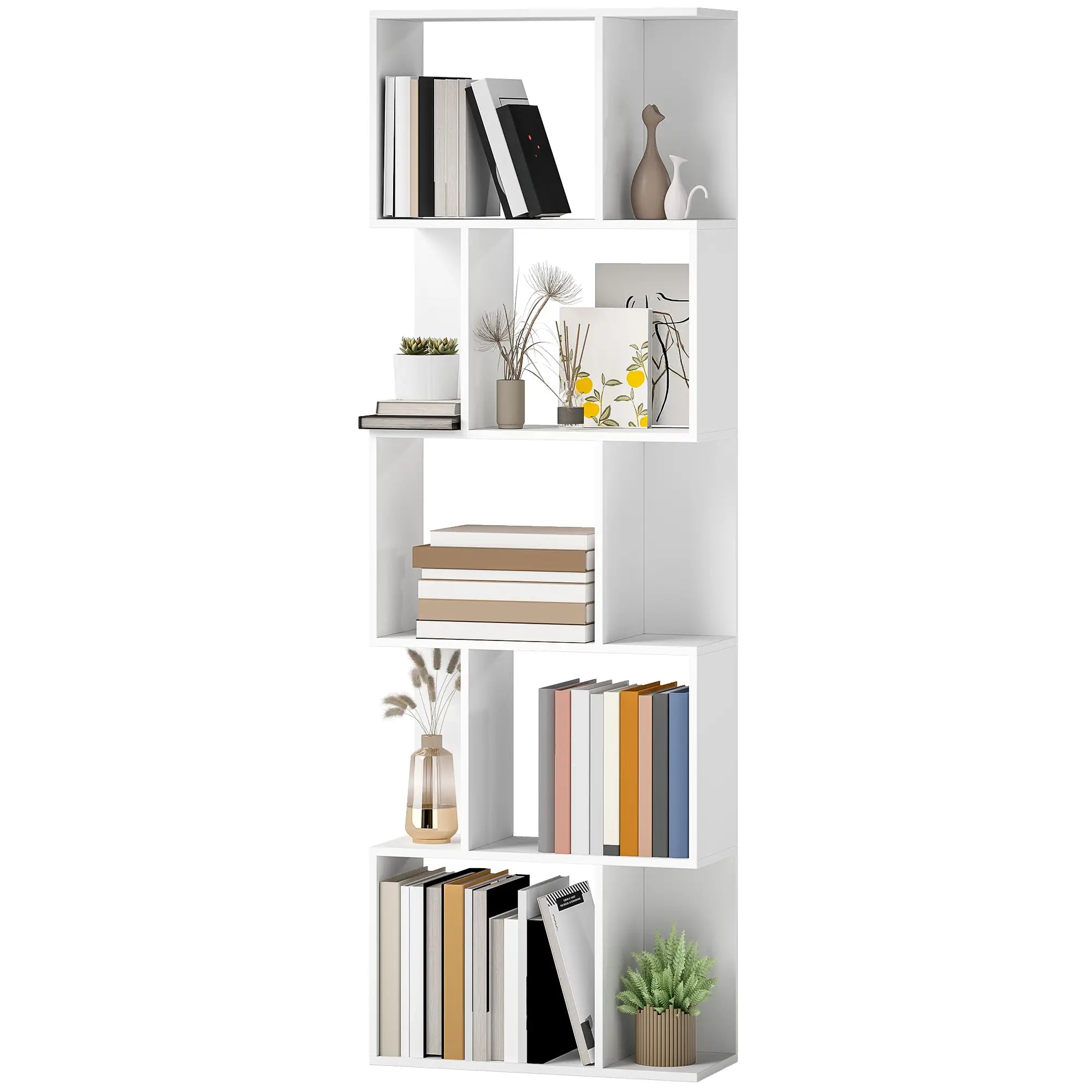 5-Tier Geometric Bookshelf, S Shaped Bookcase, White Display Bookshelves at Gallery Canada