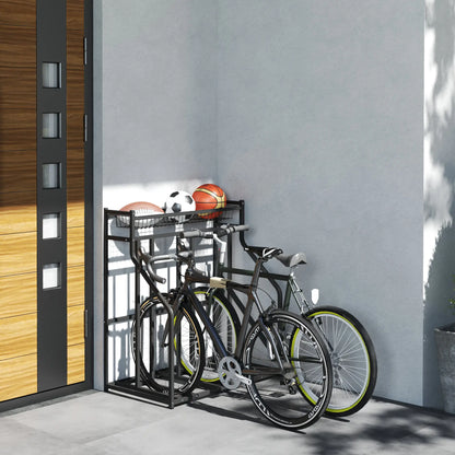 3 Bike Stand, Metal Floor Storage Rack with Basket, Hooks, Black Bike Parking Stands at Gallery Canada