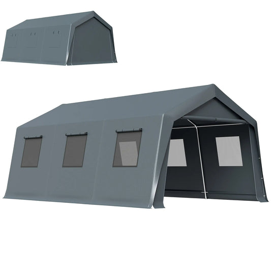 20 x 13 ft Portable Garage, Steel Frame, PE Canopy, Dark Grey