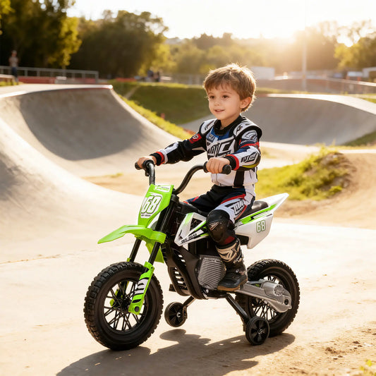 12V Kids Dirt Bike, Electric Motorcycle, Training Wheels, Green Electric Motorcycles Green at Gallery Canada