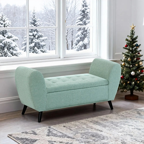Upholstered Storage Bench with Arms, Modern Ottoman, Green