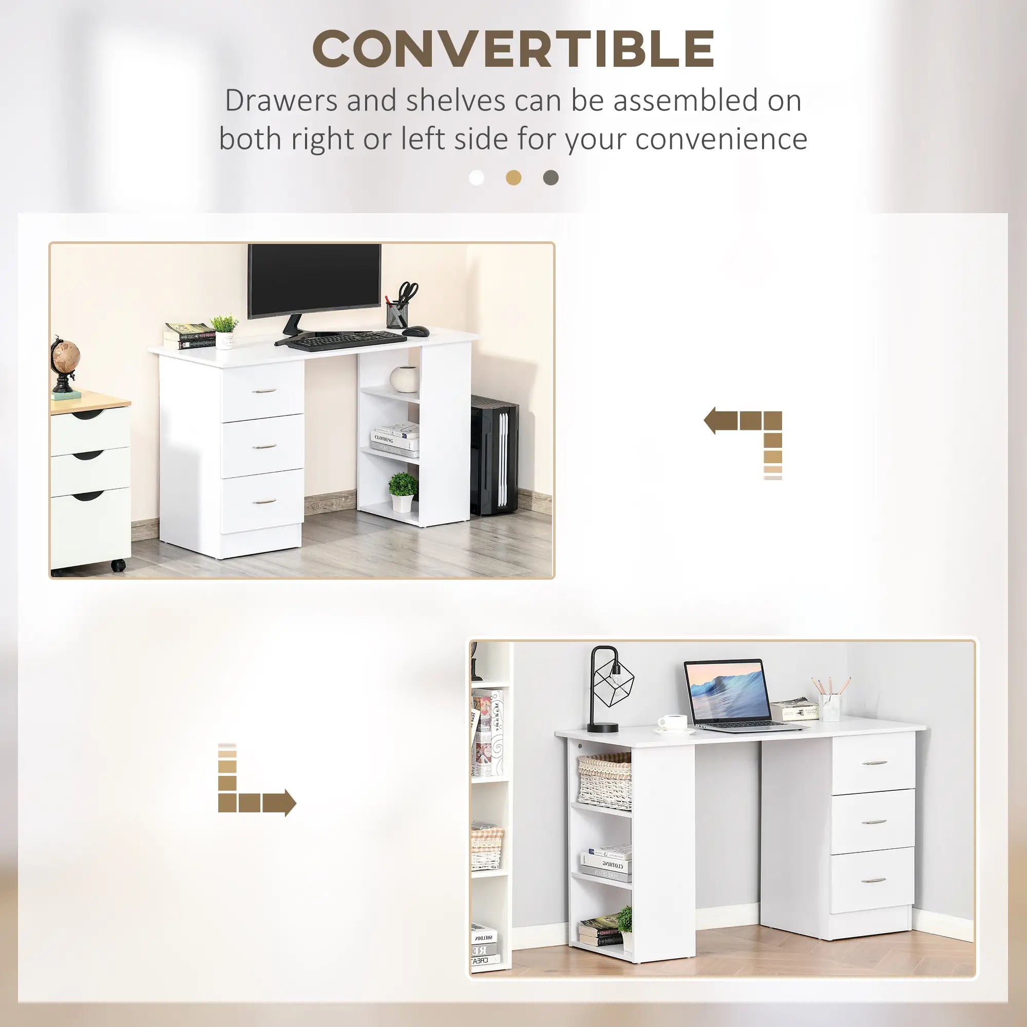 47 Inches Office Desk, 3-Tier Storage Shelves, Drawers, White Writing Desks at Gallery Canada