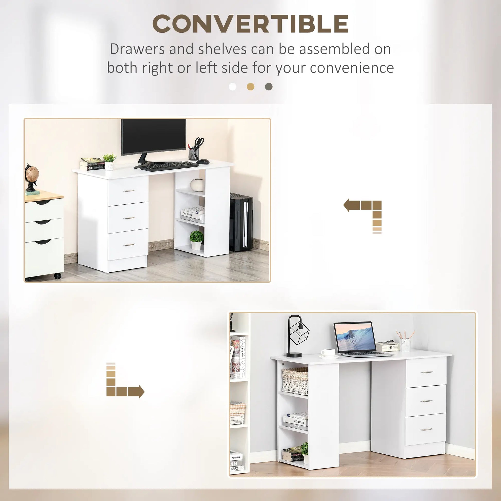 47 Inches Office Desk, 3-Tier Storage Shelves, Drawers, White Writing Desks at Gallery Canada