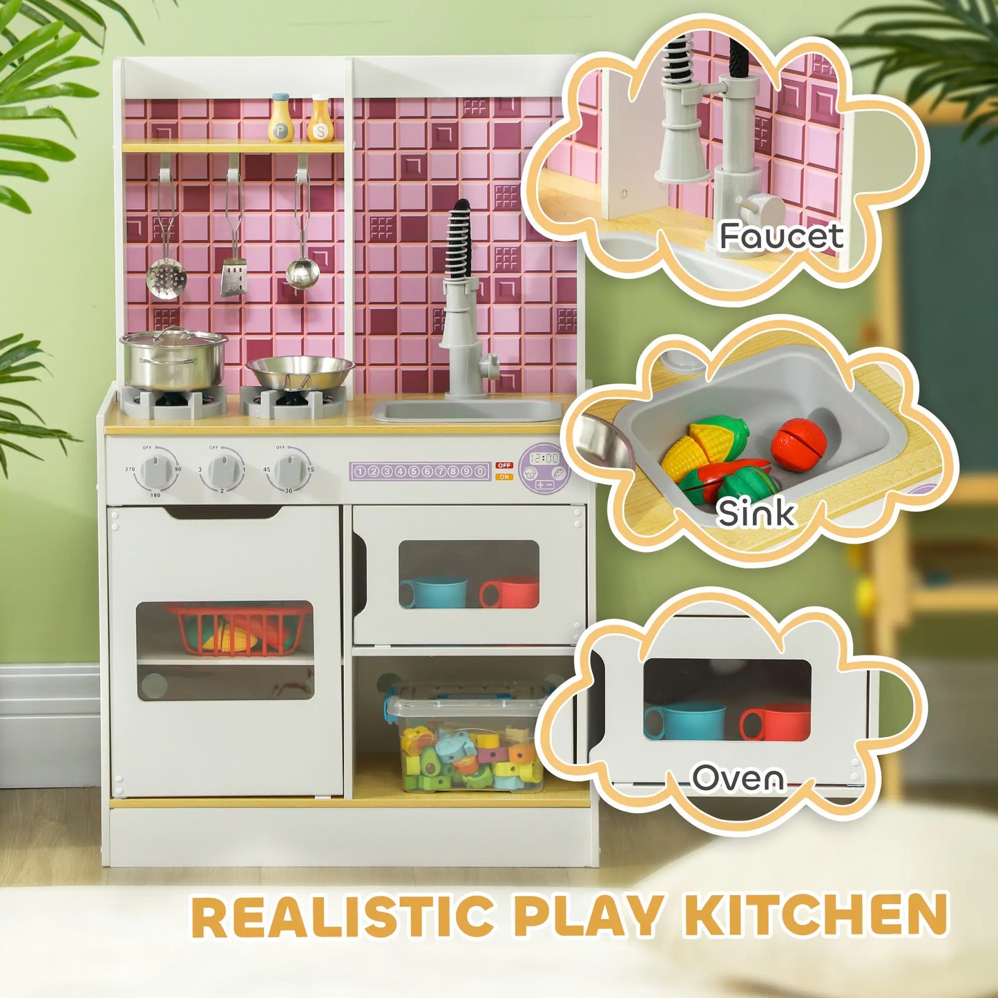 Kids Play Kitchen Set, Realistic Lights Sounds, Sink Oven Stove, White Play Kitchen at Gallery Canada