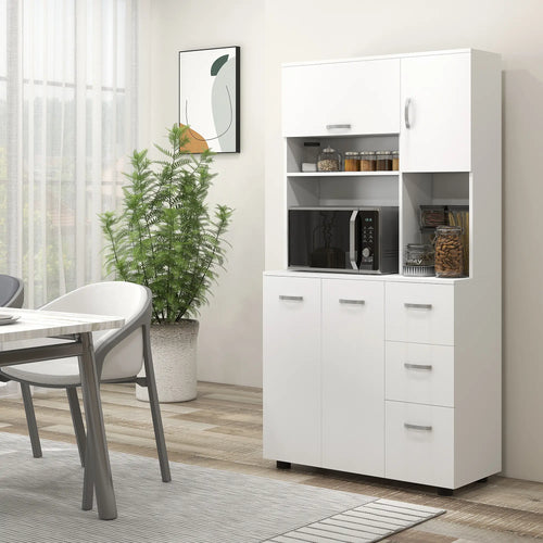 Freestanding Kitchen Microwave Cabinet Tall Cabinet with Doors Drawers Shelves, White