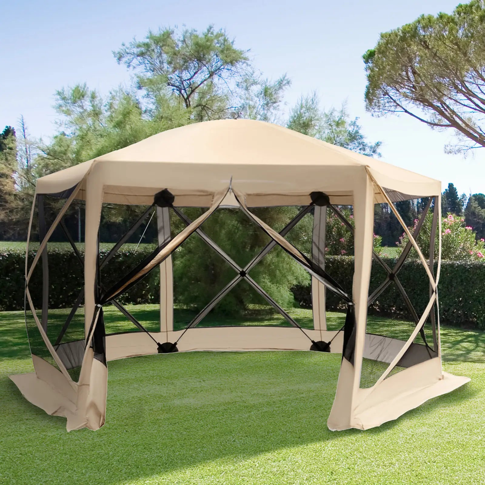 12' x 12' Hexagon Pop Up Screen Tent, Camping Shelter, Beige Pop Up Canopies at Gallery Canada