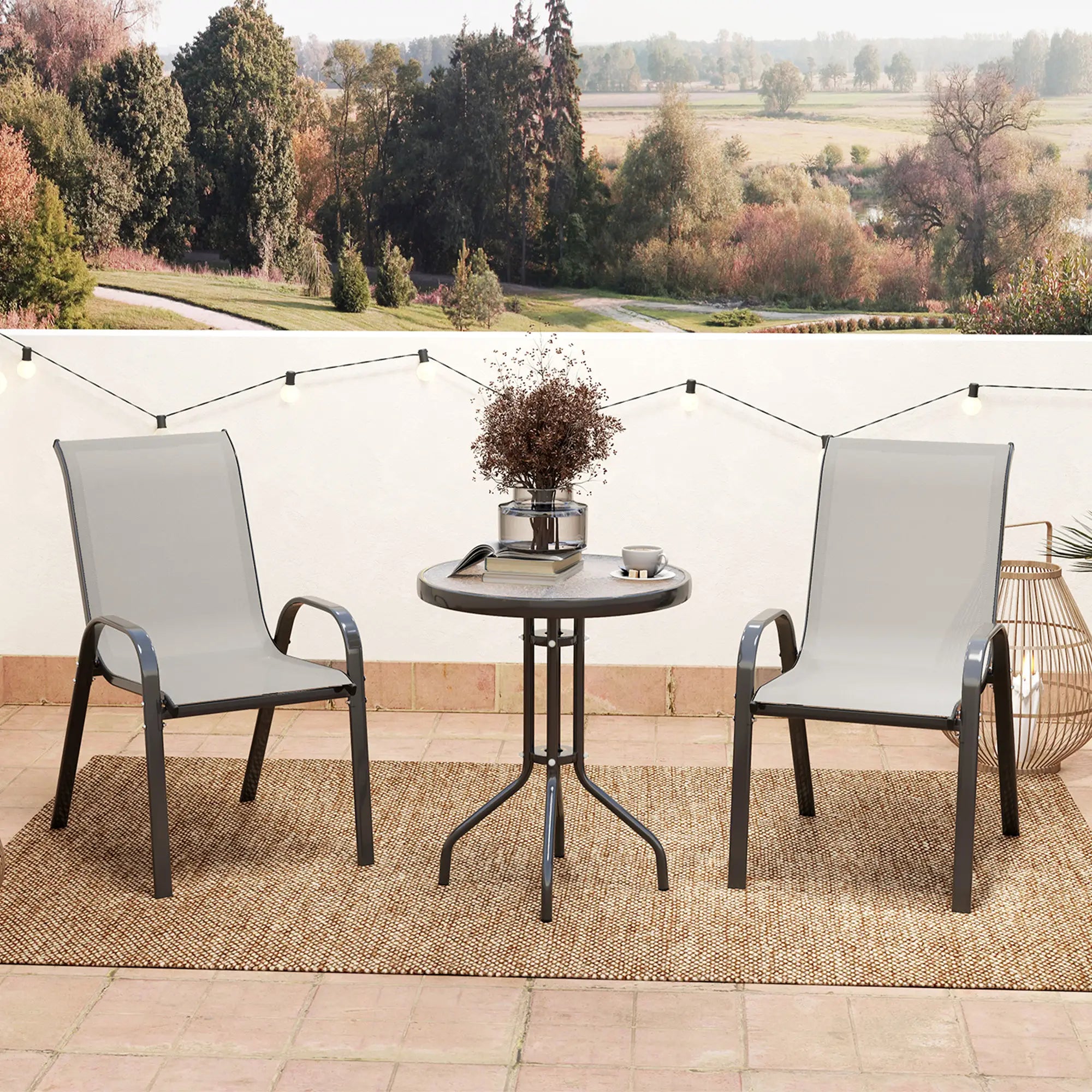 3 Piece Bistro Set, Small Patio Furniture, Stackable Mesh Chairs, Glass Table, Light Grey Bistro Sets at Gallery Canada