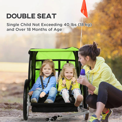2-Seat Child Bike Trailer, Steel Frame, 5-Point Harness, Green