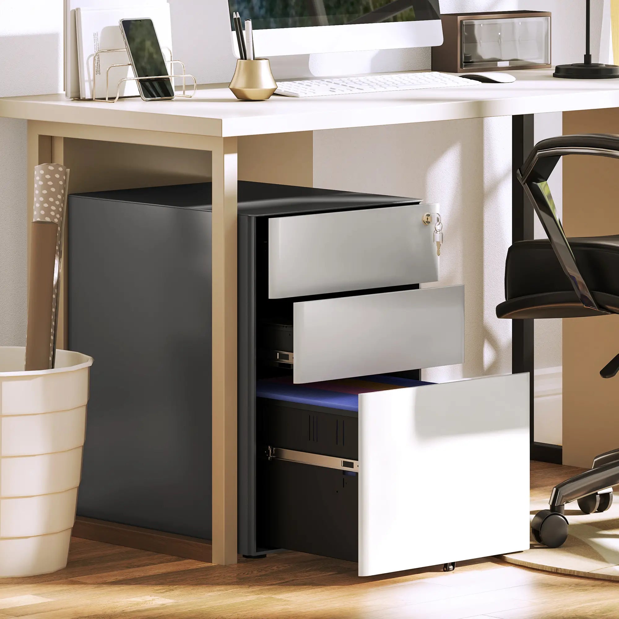 3 Drawer Filing Cabinet, Home Office Storage with Wheels, Lock, Grey and White Office Cabinets & Cupboards at Gallery Canada