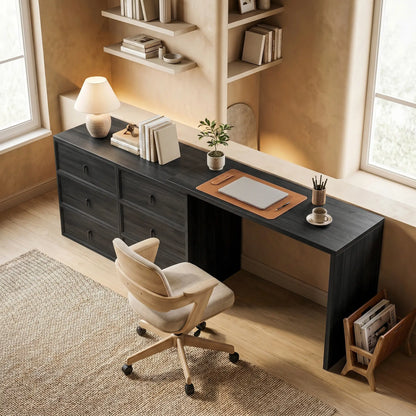 L Shaped Computer Desk, 6 Drawers, Wood Grain, Black Computer Desks at Gallery Canada
