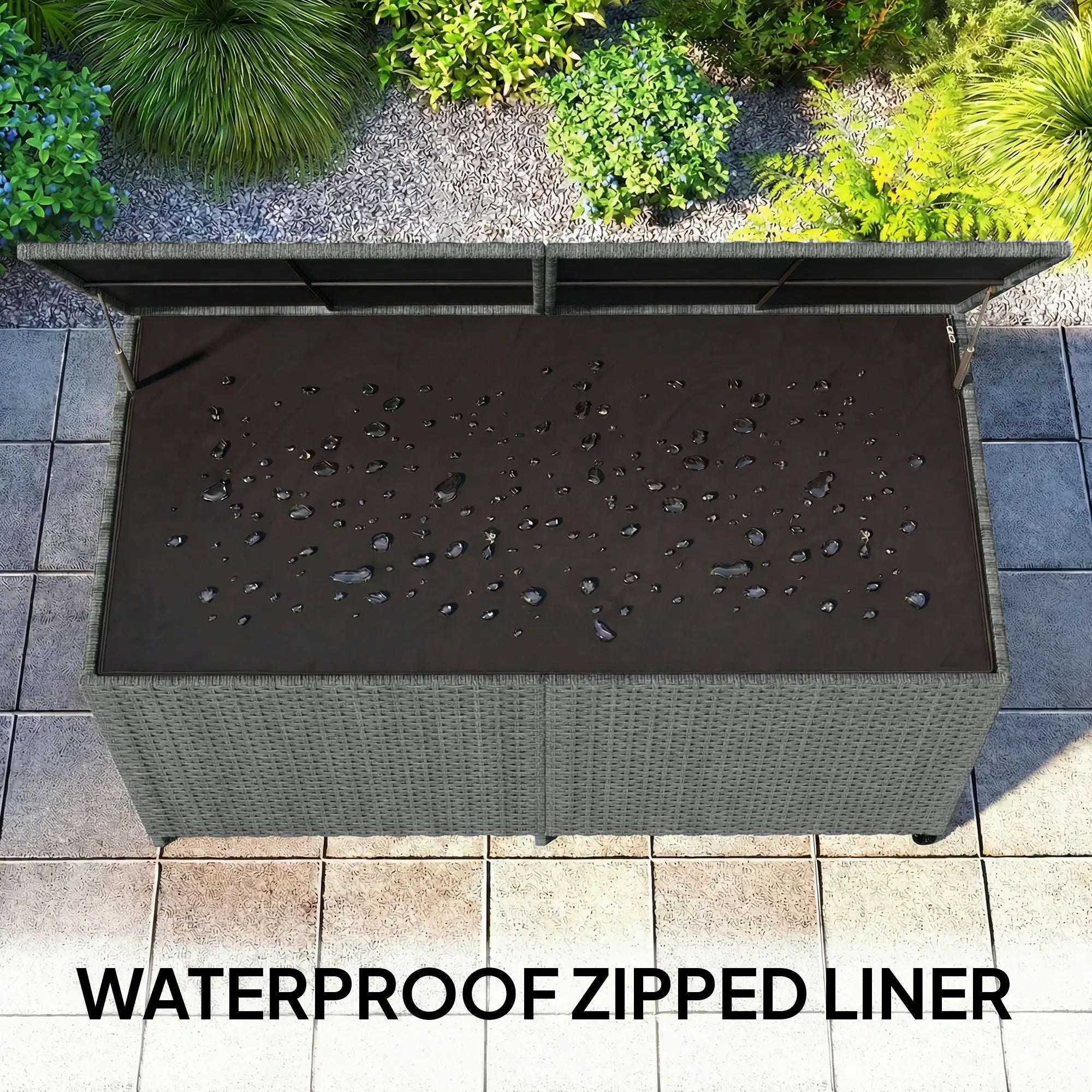162 Gallon Rattan Deck Box With Wheels, Waterproof Zippered Liner, Pneumatic Rod Patio Storage Boxes at Gallery Canada