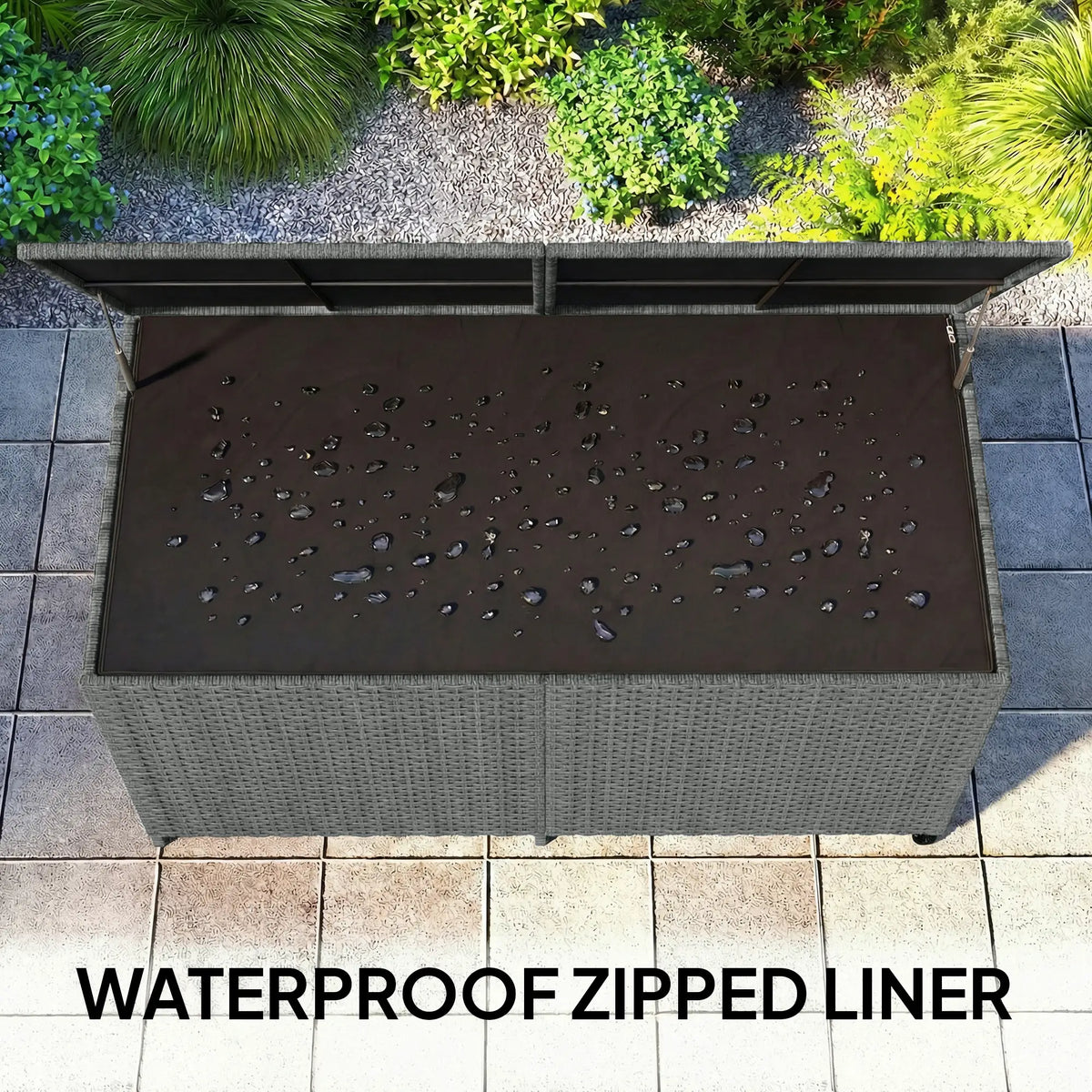 162 Gallon Rattan Deck Box With Wheels, Waterproof Zippered Liner, Pneumatic Rod Patio Storage Boxes at Gallery Canada