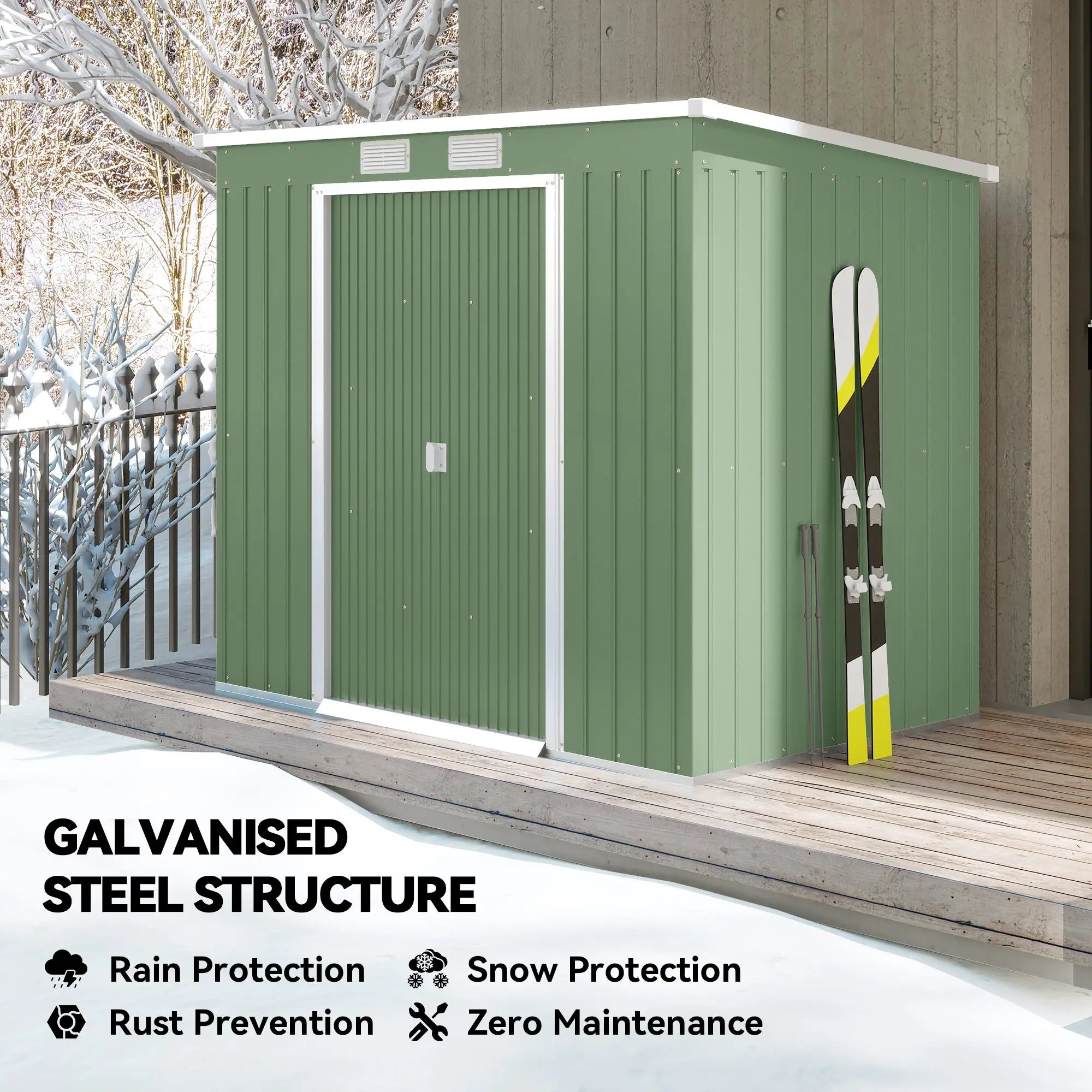7' x 4' Galvanised Steel Garden Shed, Foundation Kit, Green Sheds at Gallery Canada