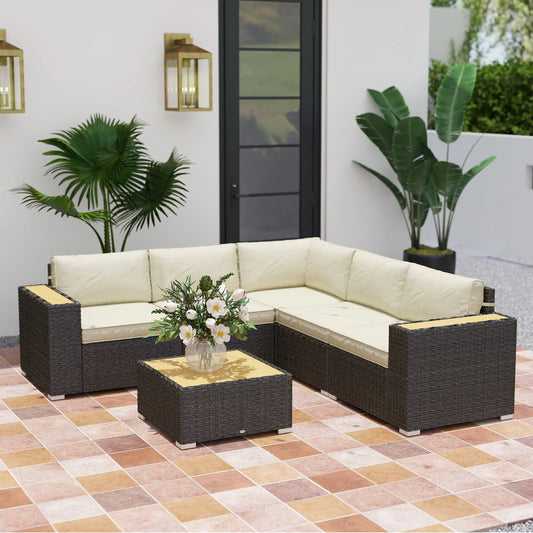 6-Piece Outdoor Rattan Patio Set, Corner Sofa, Wood-Plastic Table, Light Khaki Patio Furniture Sets Brown Rattan, Light Khaki Cushion, Natural Board at Gallery Canada