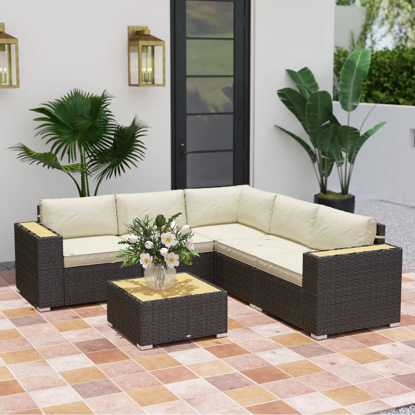 6-Piece Outdoor Rattan Patio Set, Corner Sofa, Wood-Plastic Table, Light Khaki Patio Furniture Sets at Gallery Canada