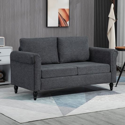 57.75" Loveseat for Bedroom, Modern Love Seat Furniture with Curved Armrests, Upholstered 2 Seater Sofa with 2 Throw Cushions, Rubber Wood Leg, Dark Grey - Gallery Canada
