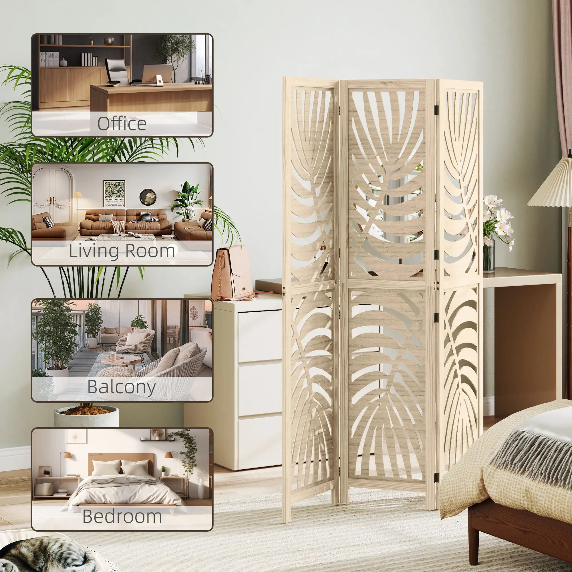 3 Panel Room Divider, Detachable Folding Privacy Screen, Palm Leaf Design, Natural Wood Finish Room Dividers at Gallery Canada