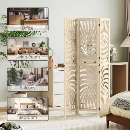3 Panel Room Divider, Detachable Folding Privacy Screen, Palm Leaf Design, Natural Wood Finish Room Dividers at Gallery Canada