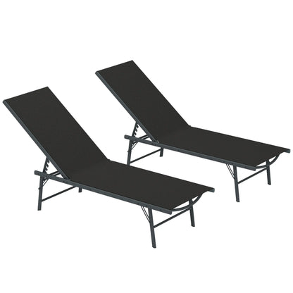 Folding Outdoor Lounge Chairs, 2 Pieces, Adjustable Back, Mesh Seat, Black