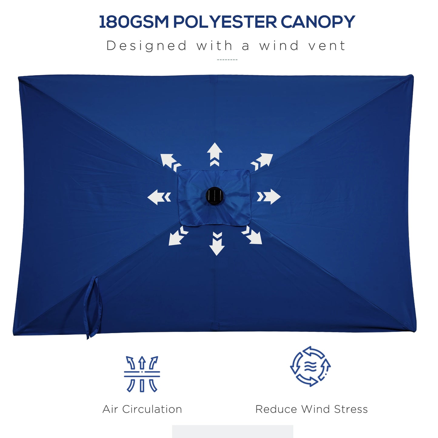 6' x 10' Rectangular Patio Umbrella, 22 LED Solar Lights, Tilt, Crank, Dark Blue Sun Umbrellas at Gallery Canada