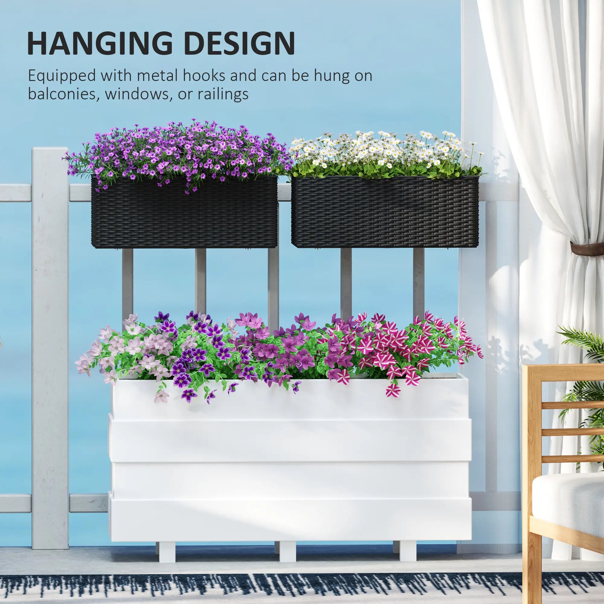 2 Pack 20 Inch Self-Watering Hanging Pots, Railing Planter, Rattan Look, Black Garden Accessories at Gallery Canada