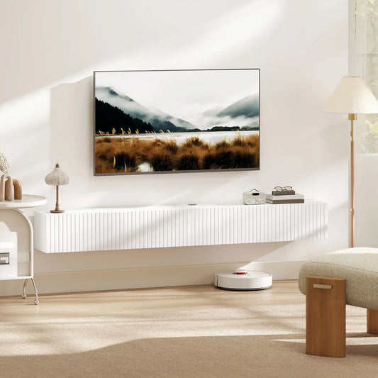 71 Inch Floating TV Stand, Wall Mount Media Console, 2 Fluted Doors, White TV Stands White at Gallery Canada