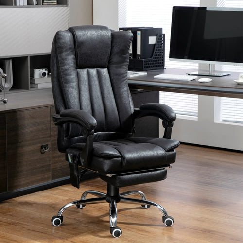 Office Chair, 6-Point Vibration Massage, Micro Fiber Recliner, Retractable Footrest, Black
