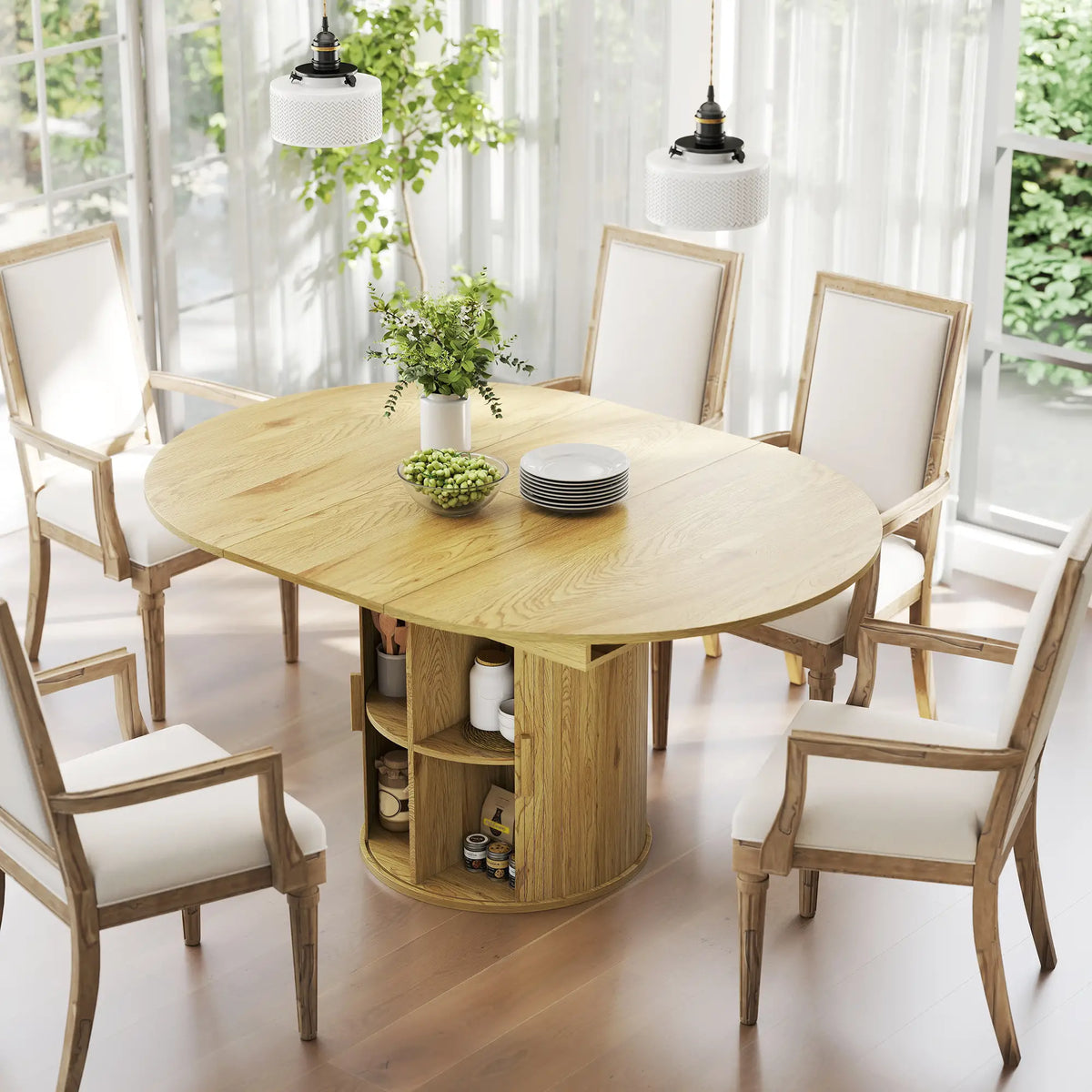 Extendable Dining Table For 6, 60", Natural, Farmhouse Kitchen Table With Storage, Natural Dining Tables at Gallery Canada