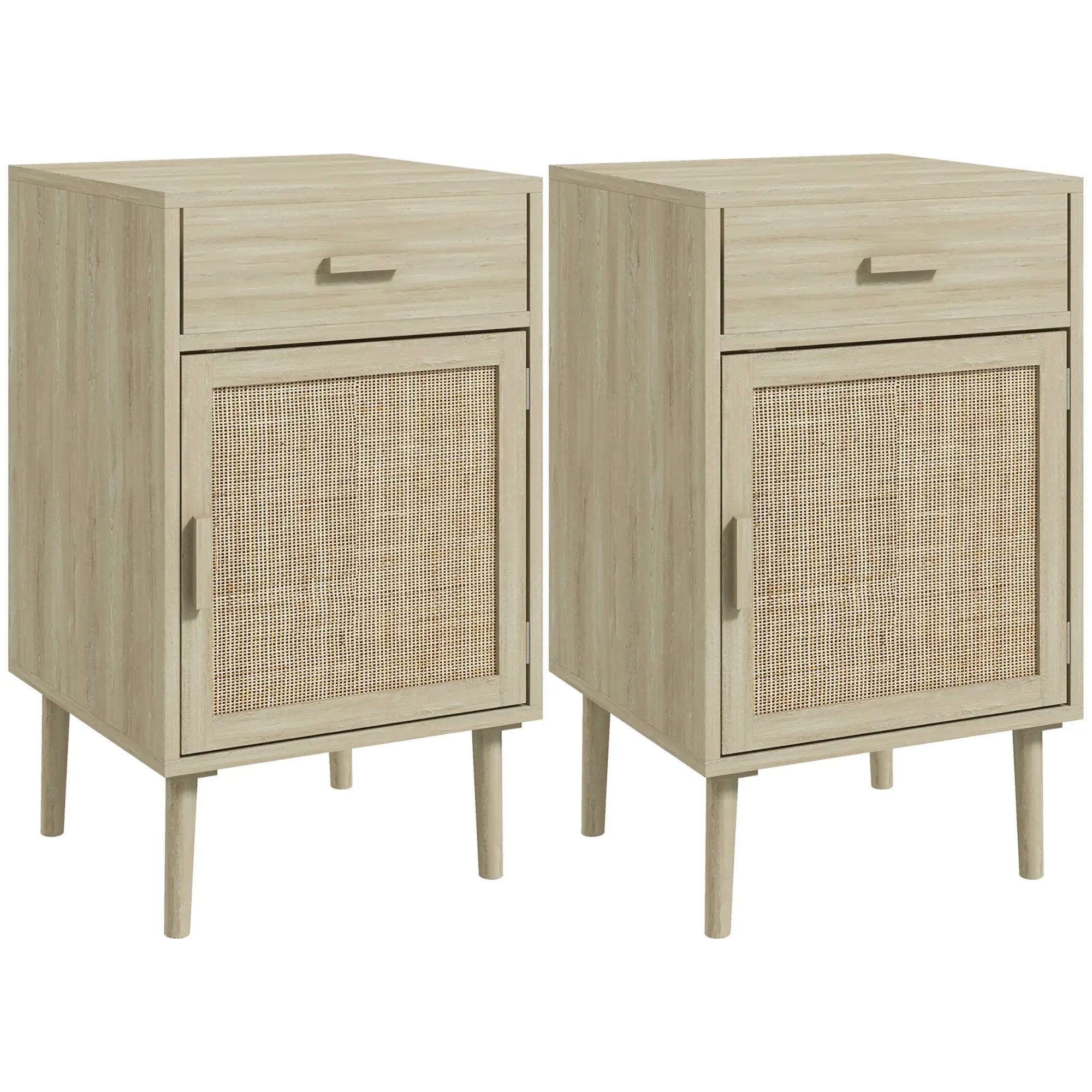 Boho Bedside Tables Set of 2, Nightstands with Drawer, Rattan Cabinet, Oak Bedside Tables at Gallery Canada