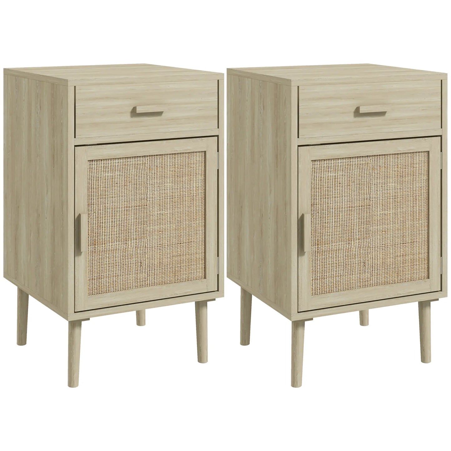 Boho Bedside Tables Set of 2, Nightstands with Drawer, Rattan Cabinet, Oak Bedside Tables at Gallery Canada