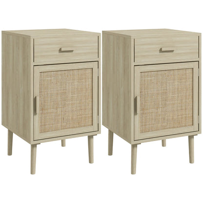 Boho Bedside Tables Set of 2, Nightstands with Drawer, Rattan Cabinet, Oak Bedside Tables at Gallery Canada