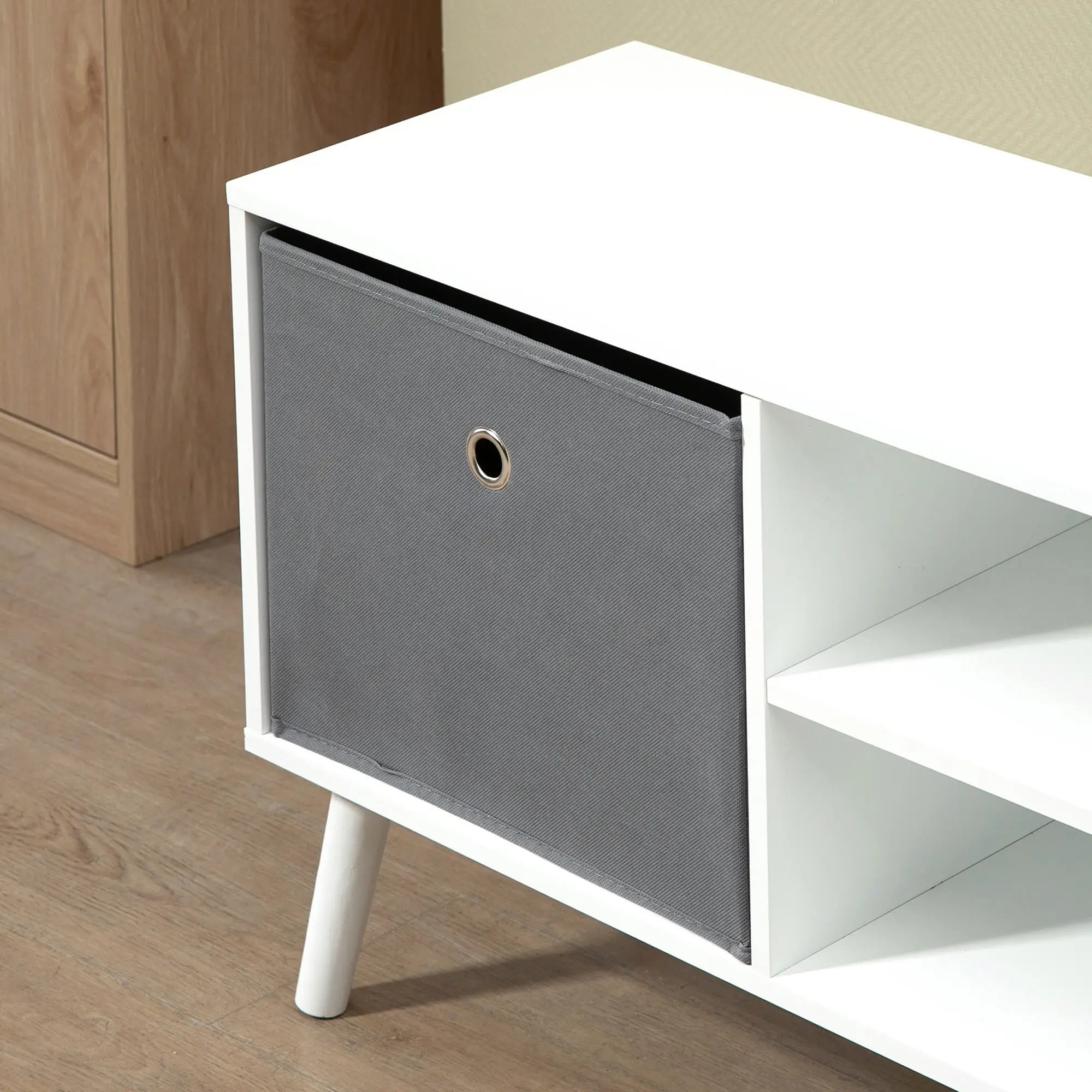 Modern TV Stand with Foldable Drawers, Shelves, White TV Stands at Gallery Canada