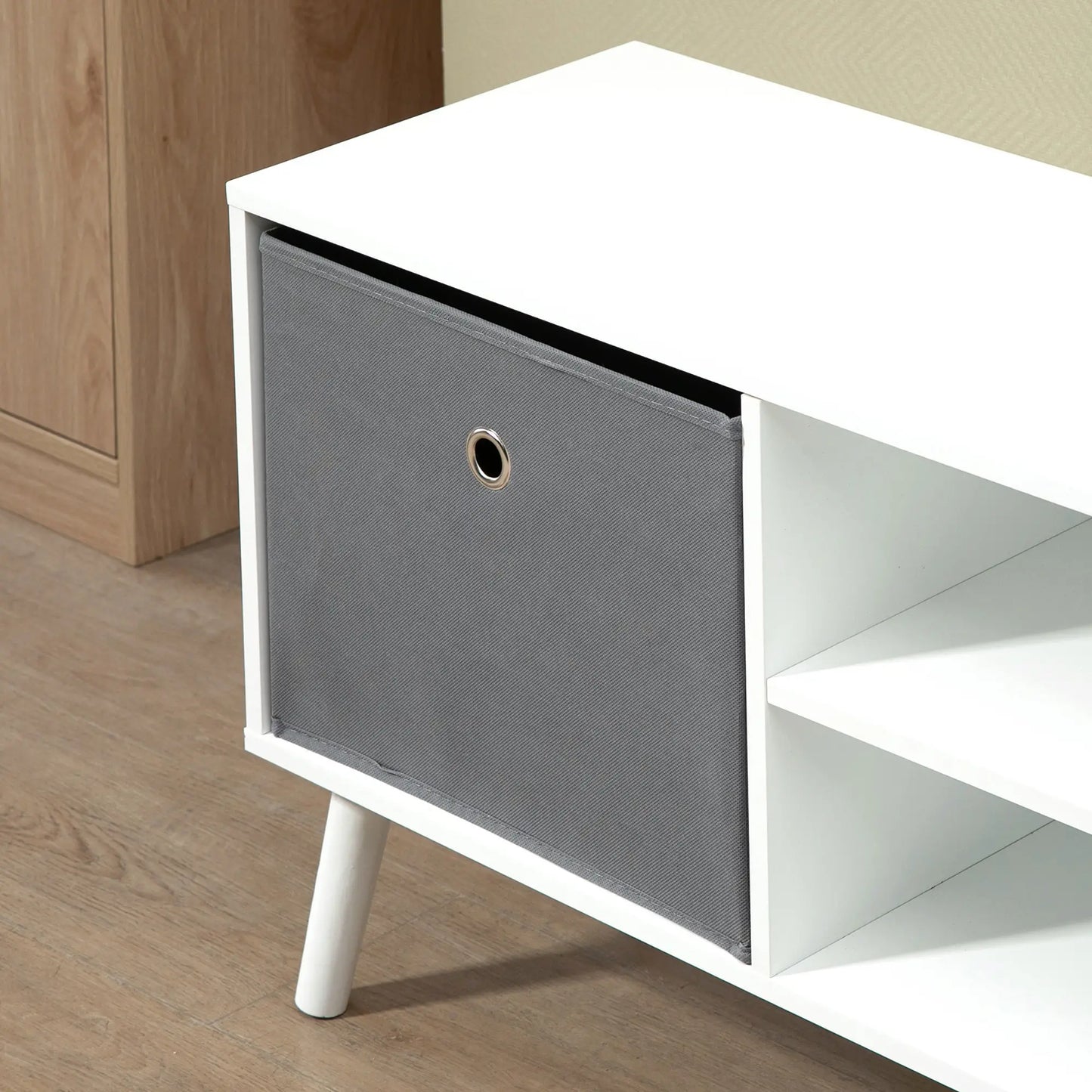 Modern TV Stand with Foldable Drawers, Shelves, White TV Stands at Gallery Canada