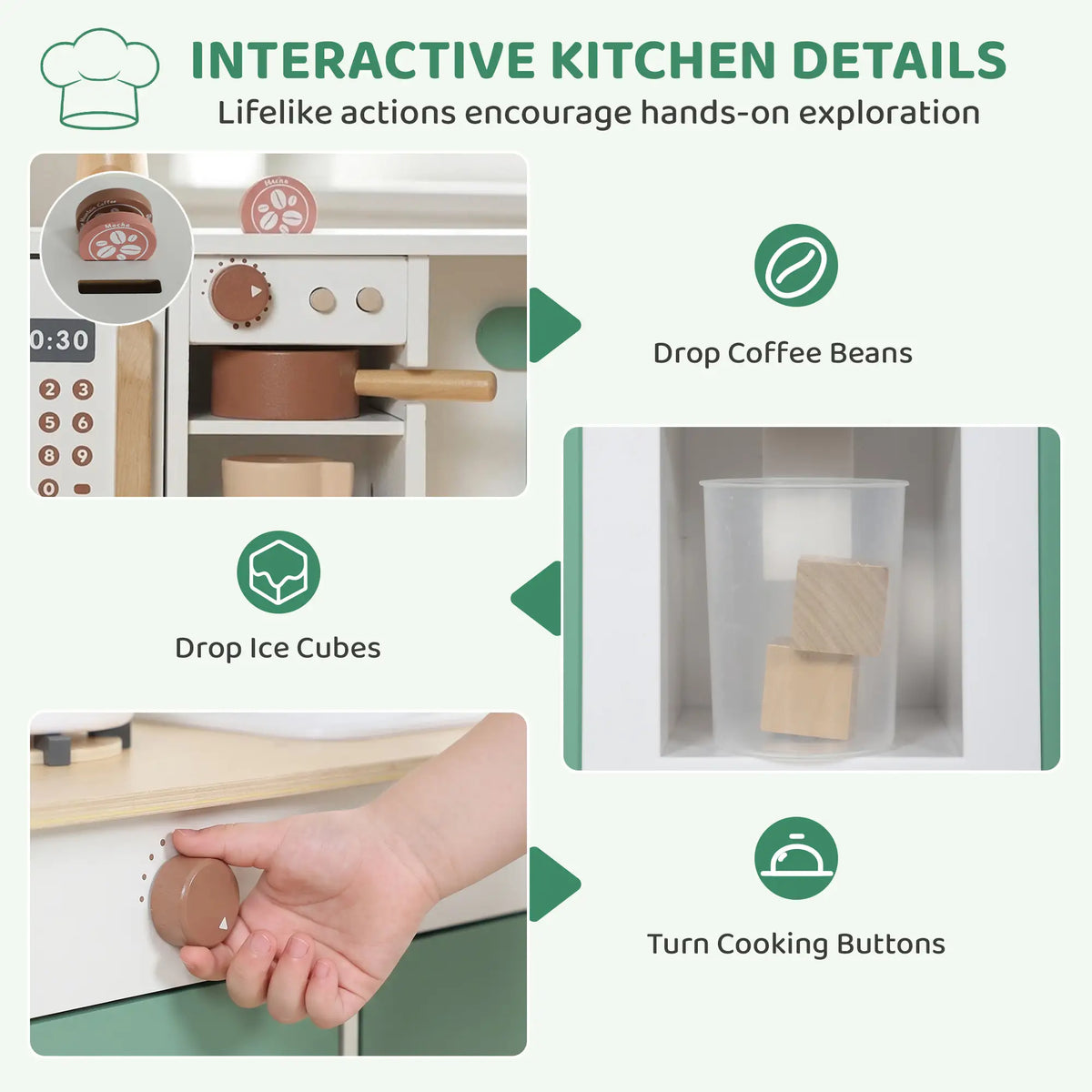 Wooden Play Kitchen Set, 19PCs, Ages 3-6, Green