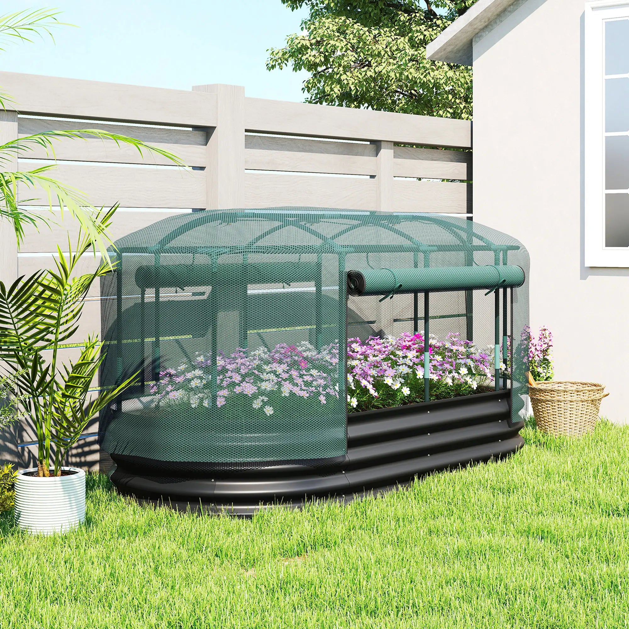 6' x 3' Galvanized Raised Garden Bed, Crop Cage Net Cover, Watering System, Dark Grey Raised Garden Beds at Gallery Canada