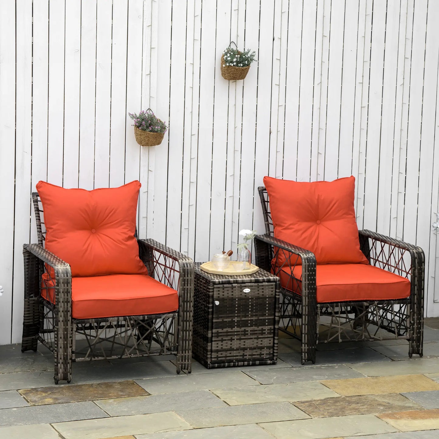 3 Pc Wicker Patio Furniture Set, Rattan Bistro with Storage Table, Red Bistro Sets at Gallery Canada