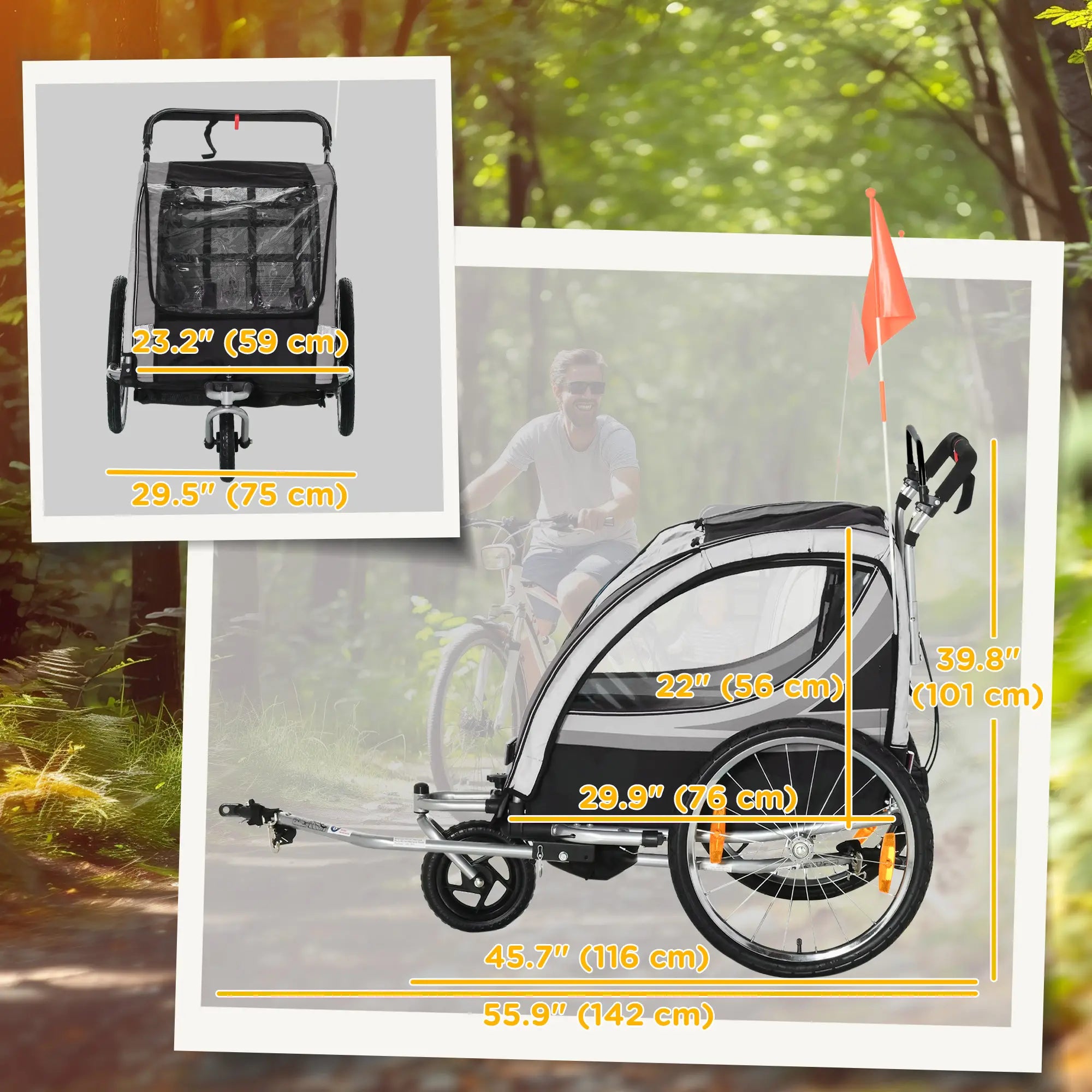 2 Seat Bike Trailer, 2-in-1 Baby Stroller, Handbrake, Rubber Wheels, Grey Kids Bike Trailers at Gallery Canada