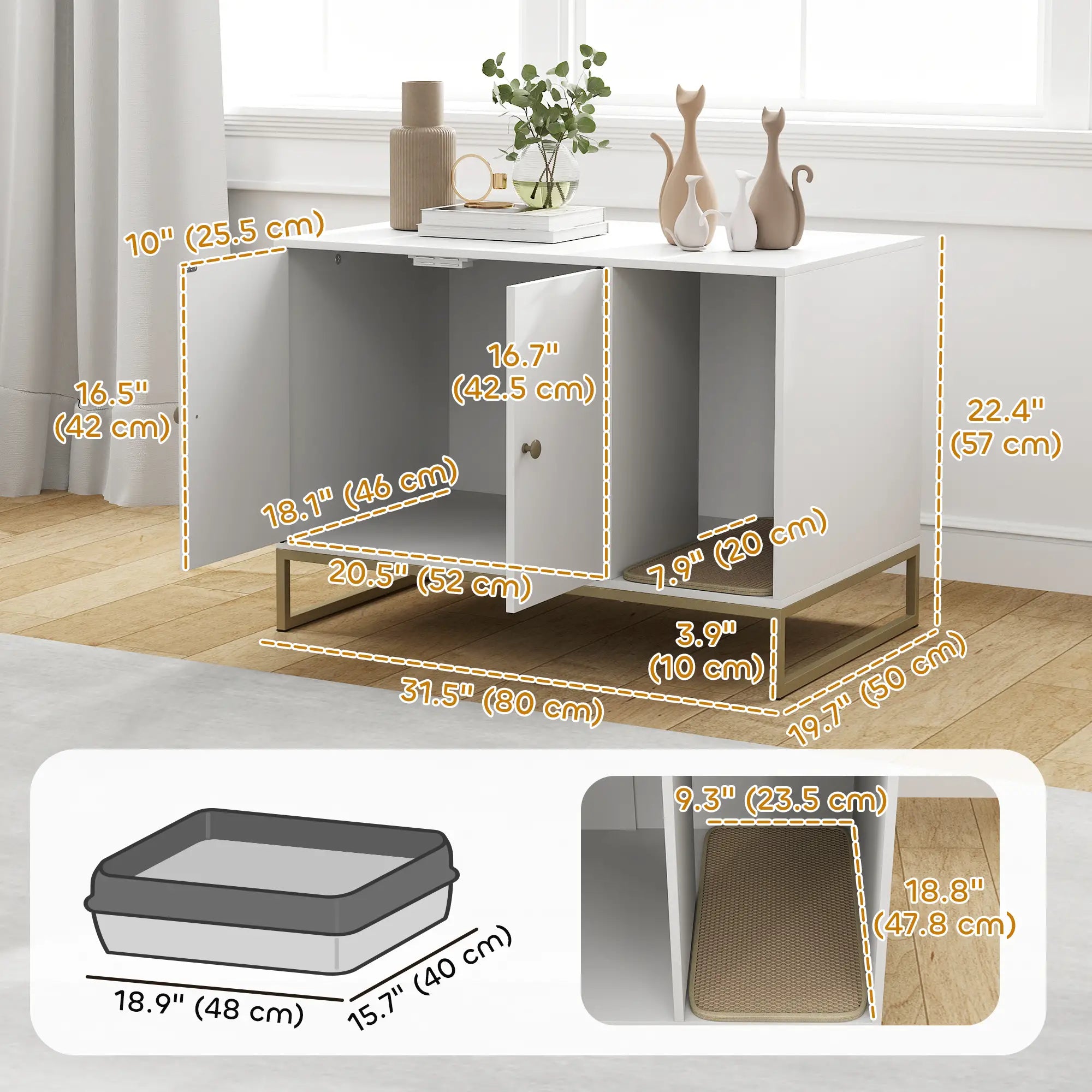 Cat Litter Box Enclosure, Tall Legs, Litter Mat, 31.5