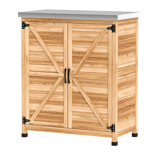 Outdoor Potting Bench Table, Metal Tabletop, Shelf, Double Doors, Natural